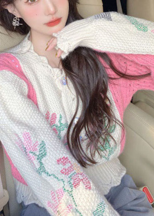Diy Beige Embroideried Hollow Out Button Fall Sweater