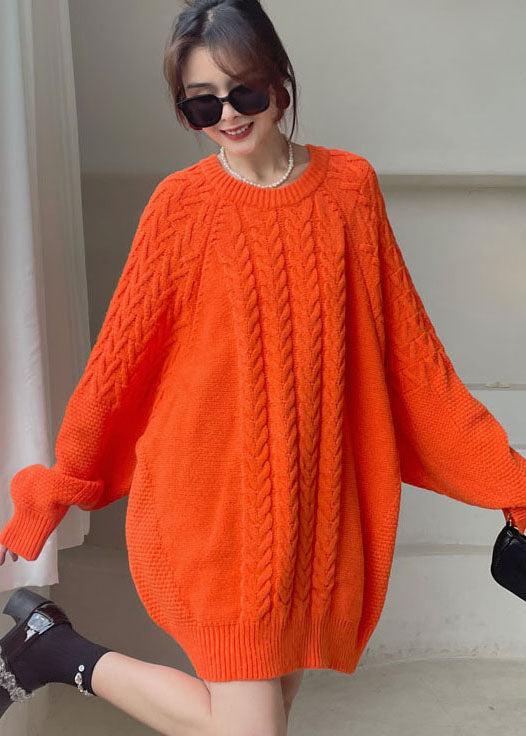 Diy Orange O-neck Cozy Knitted Dress Winter