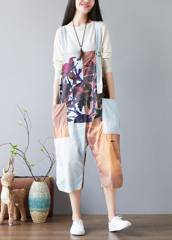 Diy Orange Pockets Print Patchwork Jumpsuits Spring