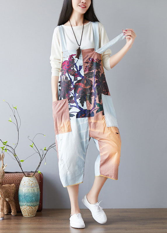 Diy Orange Pockets Print Patchwork Jumpsuits Spring