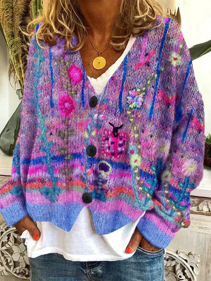 CD | Cardigan tricotat floral cu butonieră