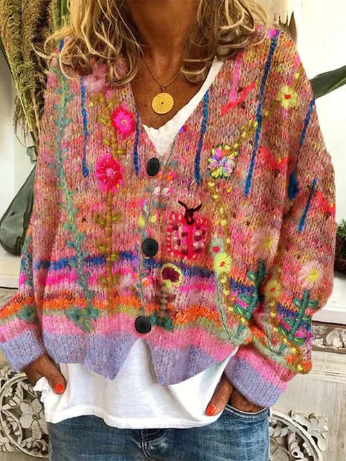 CD | Cardigan tricotat floral cu butonieră