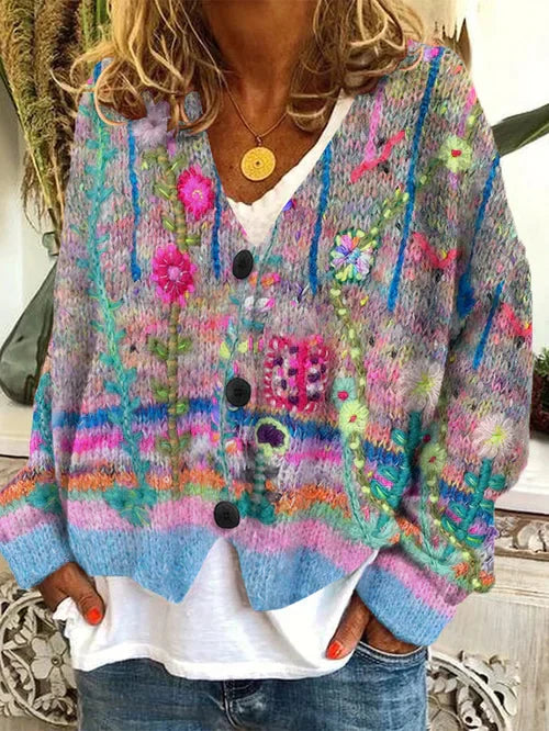 CD | Cardigan tricotat floral cu butonieră