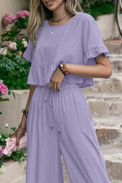 CD | Casual vrac o singură culoare cu mânecă scurtă pantaloni largi picior set din două piese
