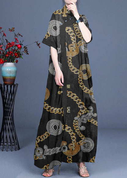 Classy Black Polka Dots Patchwork Oriental Long Dress Summer