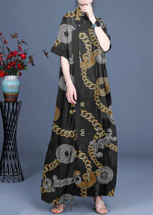 Classy Black Metal Patchwork Oriental Long Dress Summer
