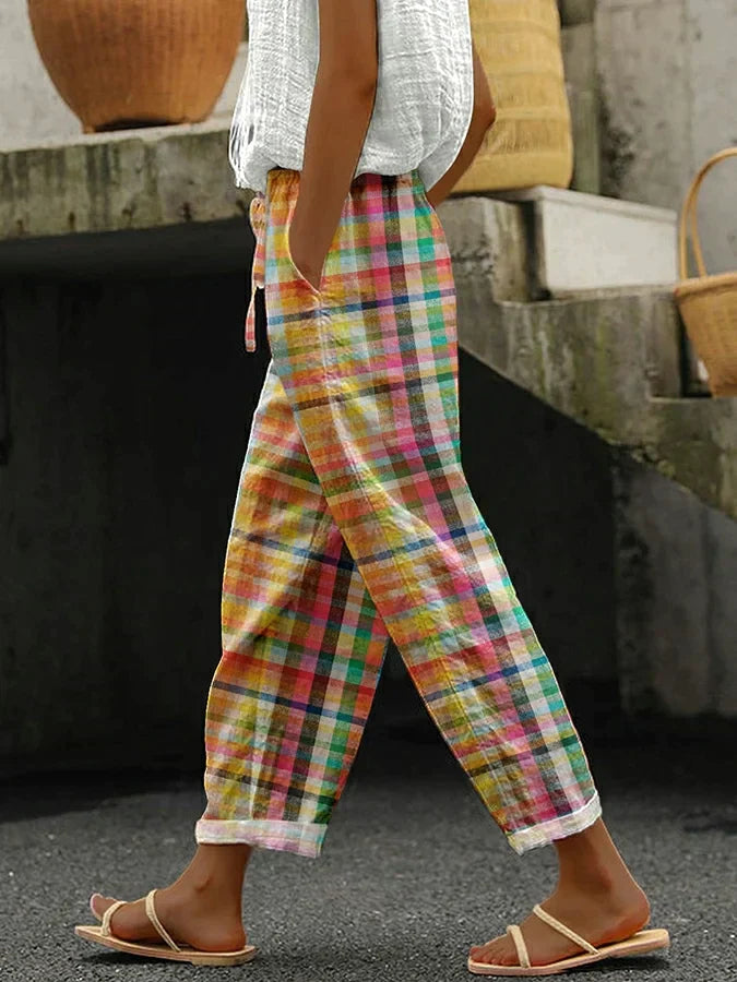 CD | Pantaloni de damă în carouri pastelate multicolore