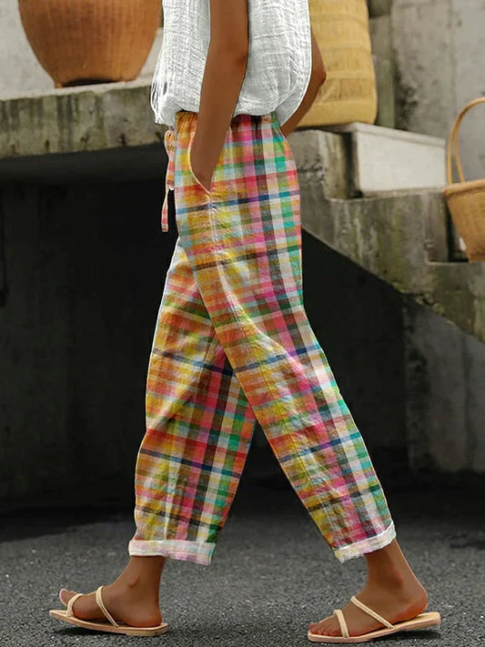 CD | Pantaloni de damă în carouri pastelate multicolore