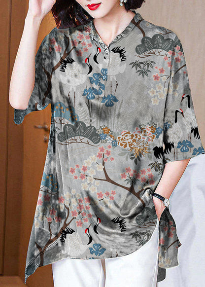 Italian Dark Blue Peter Pan Collar Button Asymmetrical Print Silk Tops Spring