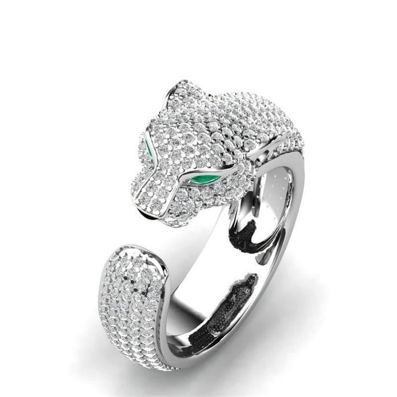 Adjustable Jaguar Ring In 18K Silver And Rose Gold With Green Zirconia Eyes