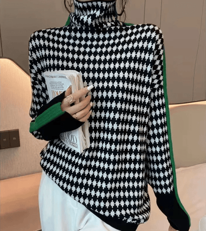 CD | Pulover elegant cu model în carouri albe și negre