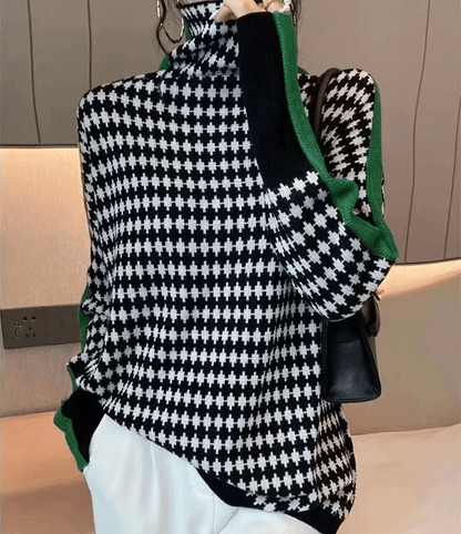 CD | Pulover elegant cu model în carouri albe și negre