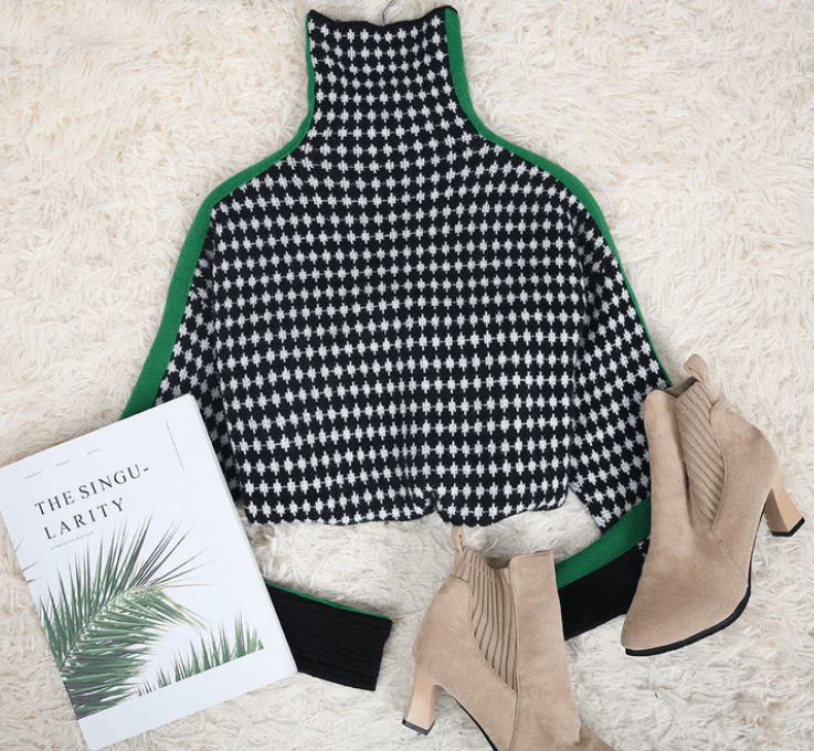 CD | Pulover elegant cu model în carouri albe și negre