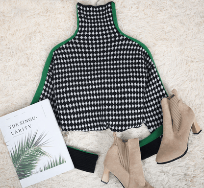 CD | Pulover elegant cu model în carouri albe și negre