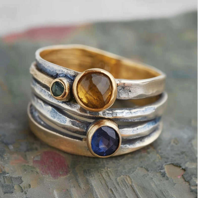 Silver Multicolor Stones Layered Ring