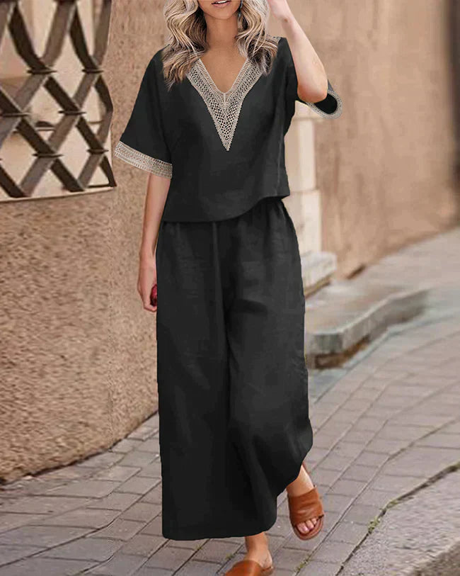 CD | Bluză elegantă cu decolteu în V și pantaloni elegant set pentru femei