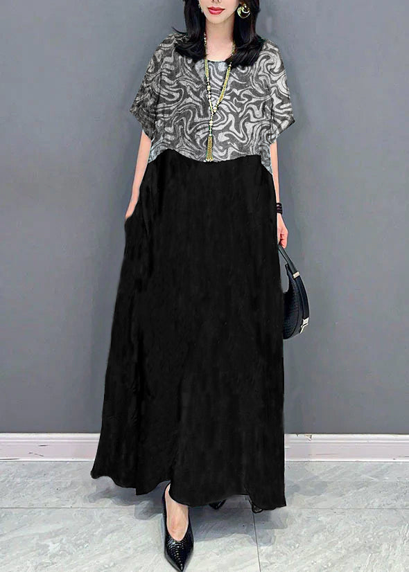 Black Texture O Neck Pockets Print Patchwork Silk Long Dresses Summer