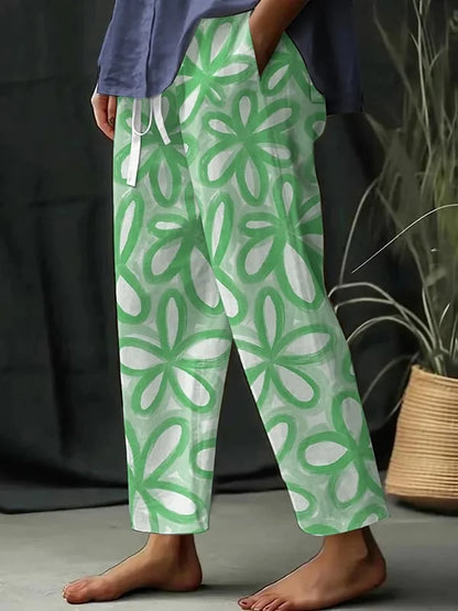 CD | Pantaloni largi de agrement pentru femei cu model floral botanic