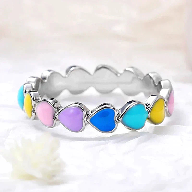 Rainbow Hearts Ring In 925 Sterling Silver And Hand Painted Enamel