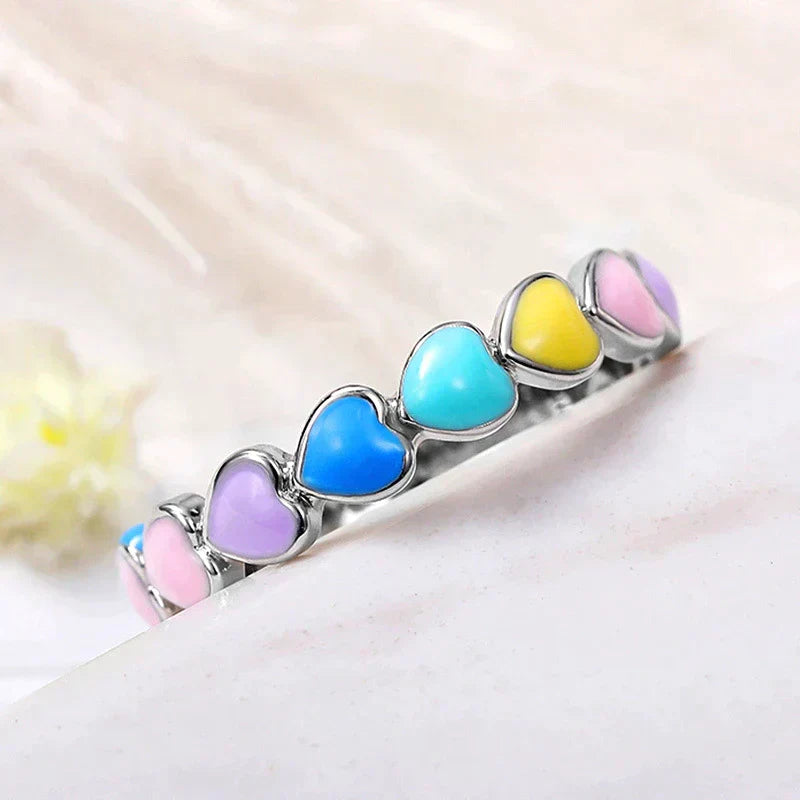 Rainbow Hearts Ring In 925 Sterling Silver And Hand Painted Enamel