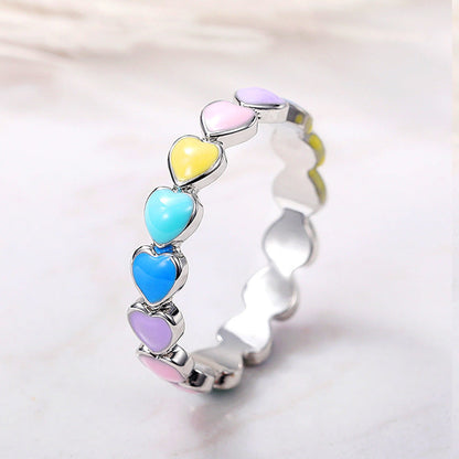 Rainbow Hearts Ring In 925 Sterling Silver And Hand Painted Enamel