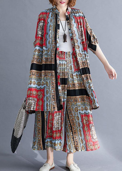 Chiffon Pints Shirt Dresses and Elastic Waist Wide Leg Pants Red Black Prints Two Pieces