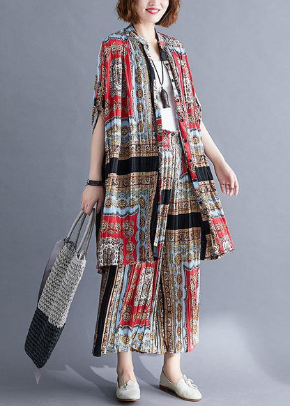 Chiffon Pints Shirt Dresses and Elastic Waist Wide Leg Pants Red Black Prints Two Pieces