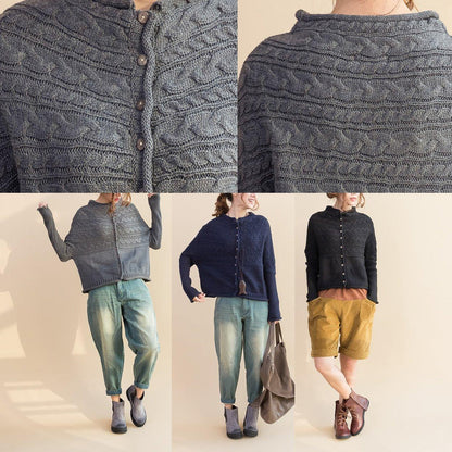 Gray Cotton Knit Tops Warm Long Sleeve Sweater