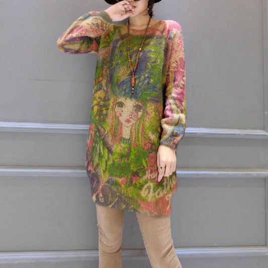 New Girl Print Cotton Sweater Tops Mid Long Knit Pullover