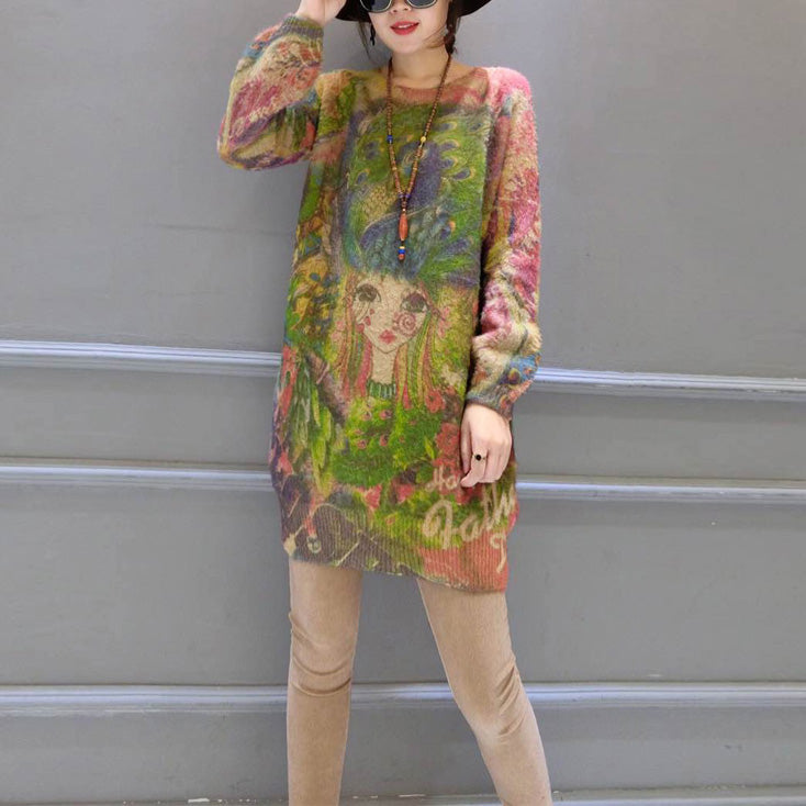 New Girl Print Cotton Sweater Tops Mid Long Knit Pullover