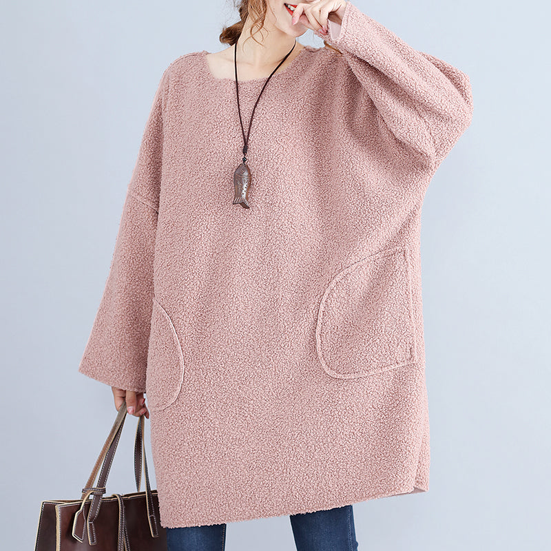 Warm Pink Corduroy Mid Shift Dresses Oversize Big Pockets Knit Dress
