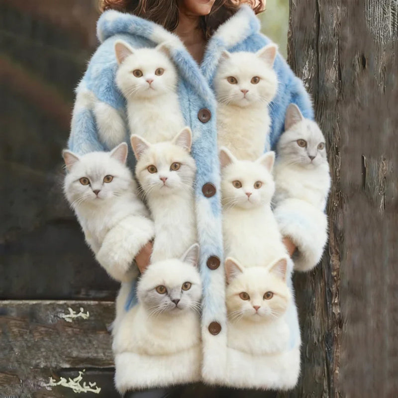 Wool Cardigan with Multiple Cat Breeds Print