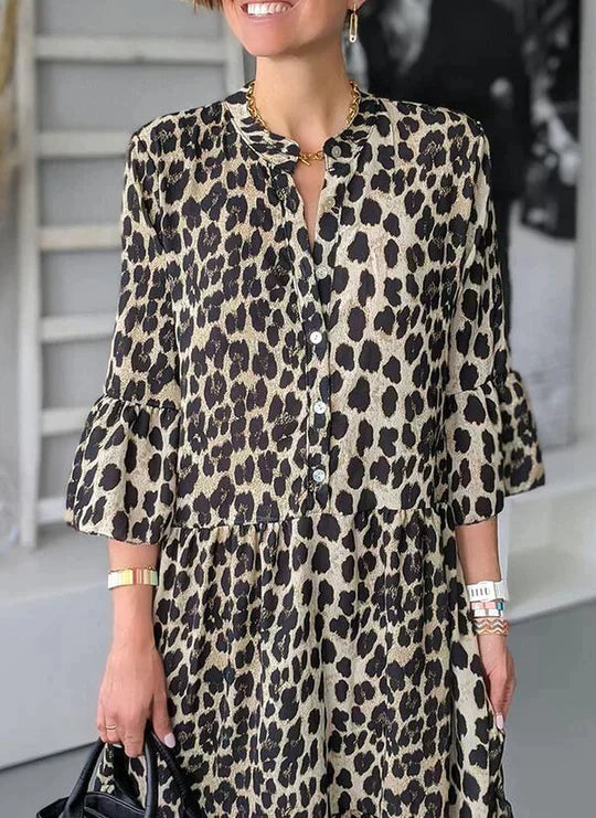 CD | Rochie midi cu imprimeu leopard, croială cu nasturi și mâneci 3/4