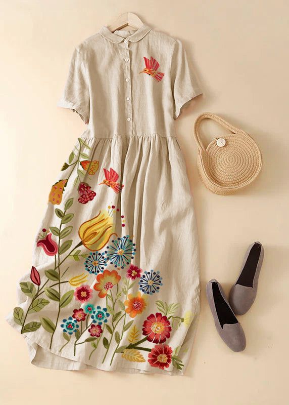 Unique Apricot Flowers Peter Pan Collar Wrinkled Linen Holiday Dress Short Sleeve