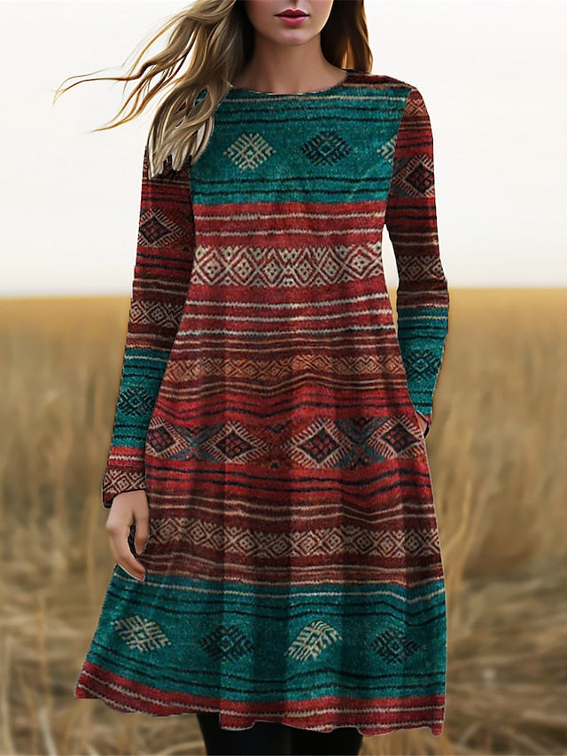 CD | Rochie midi cu mânecă lungă cu imprimeu boho