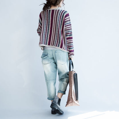 Fine Cotton Striped Knit Cardigans Long Sleeve Short Sweater Outwear