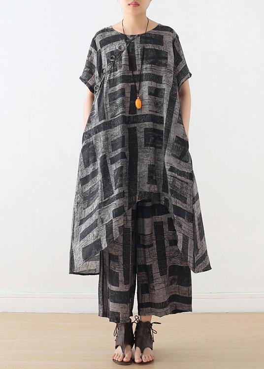 Blue Prints Cotton Blend Two Pieces Side Open Tops and Elastic Waist Wide Leg Pants