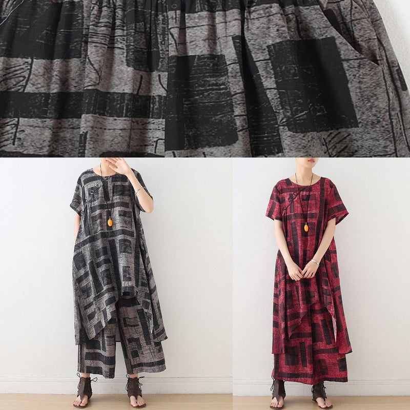Blue Prints Cotton Blend Two Pieces Side Open Tops and Elastic Waist Wide Leg Pants