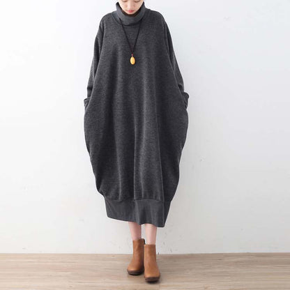 Gray Sweater Dresses Oversized Sweater High Neck Pullover Knit Dress Patchwork