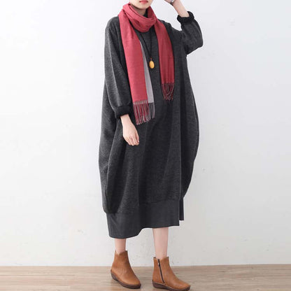 Gray Sweater Dresses Oversized Sweater High Neck Pullover Knit Dress Patchwork
