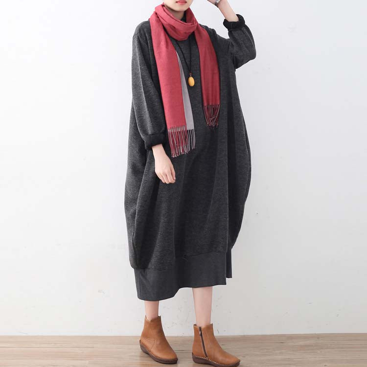 Gray Sweater Dresses Oversized Sweater High Neck Pullover Knit Dress Patchwork