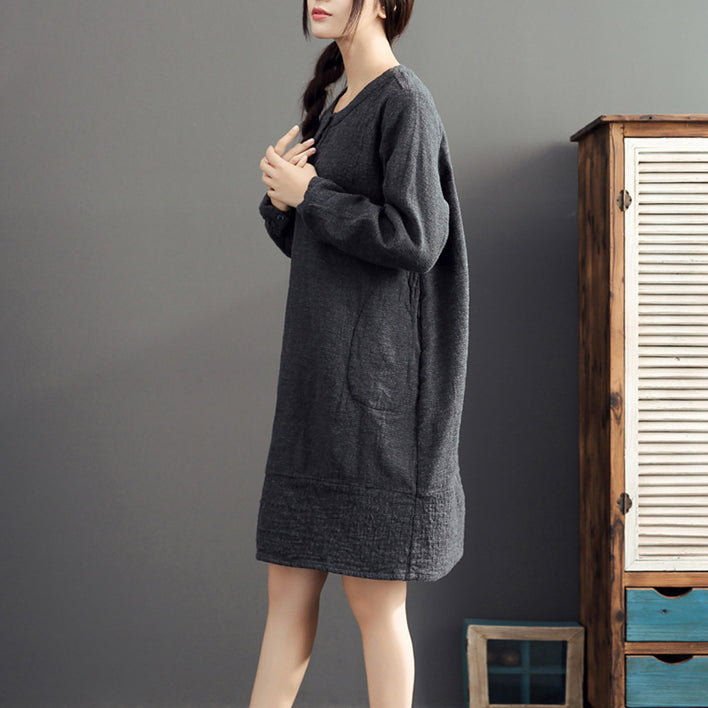 Gray Warm Cotton Linen Dresses Long Sleeve Mid Dress