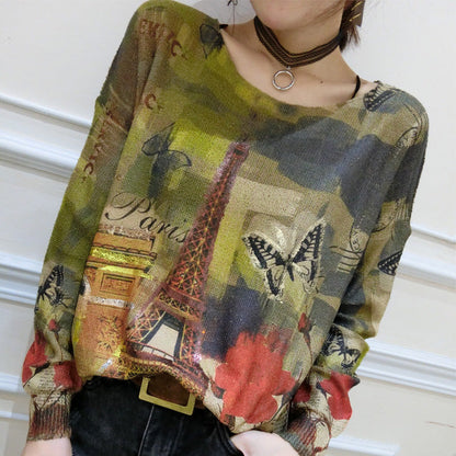 Green Prints Cotton Sweater Tops Oversize O Neck Unique Knit Pullover