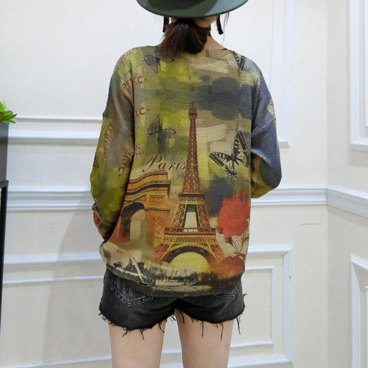 Green Prints Cotton Sweater Tops Oversize O Neck Unique Knit Pullover