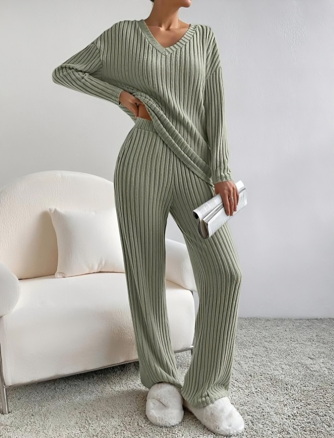 CD | Pulover confortabil cu mânecă lungă, cu decolteu V și set de pantaloni pentru femei