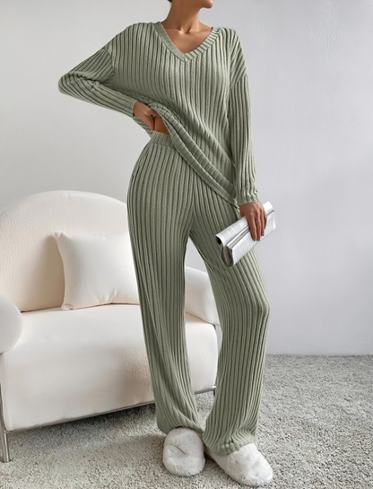 CD | Pulover confortabil cu mânecă lungă, cu decolteu V și set de pantaloni pentru femei