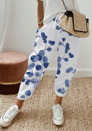 CD | Pantaloni casual pentru femei din bumbac și in cu imprimeu botanic retro