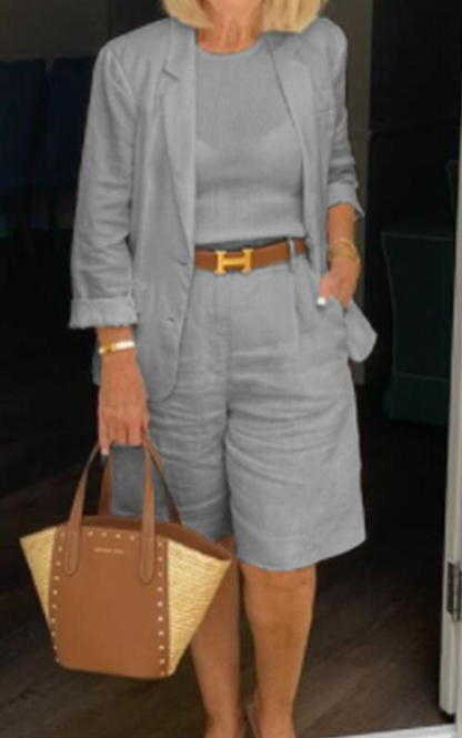 CD | Set elegant de pantaloni scurți din in și blazer pentru femei