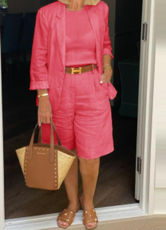 CD | Set elegant de pantaloni scurți din in și blazer pentru femei