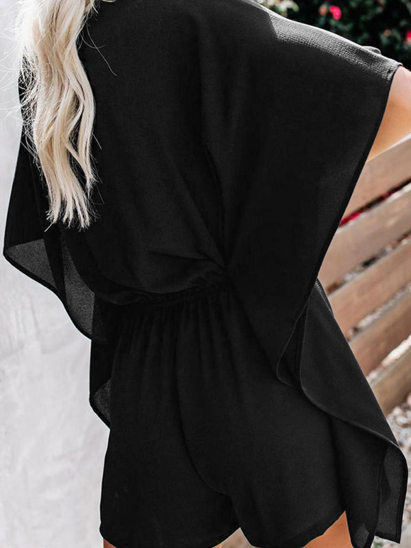 CD | Femeii temperament pantaloni scurți europene și americane culoare solidă V-neck talie înaltă cravată vrac jumpsuit